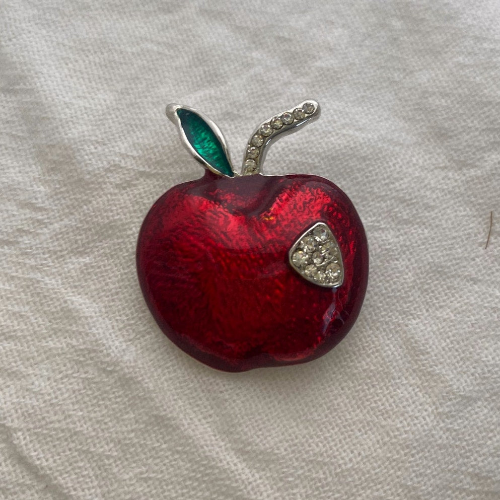 Vintage Red Enamel Apple Forbidden Fruit Rhinestone brooch pin teacher