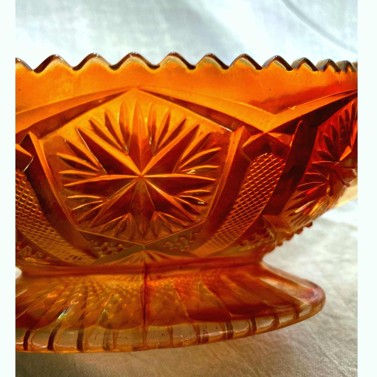 Aber Carnival Glass Candy dish Double handed footed bowl Starburst Pattern