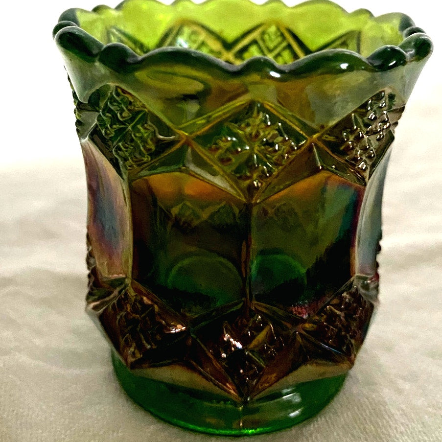 Vintage Imperial Helios Green Carnival Glass Three in one Pattern Iridescent Glass