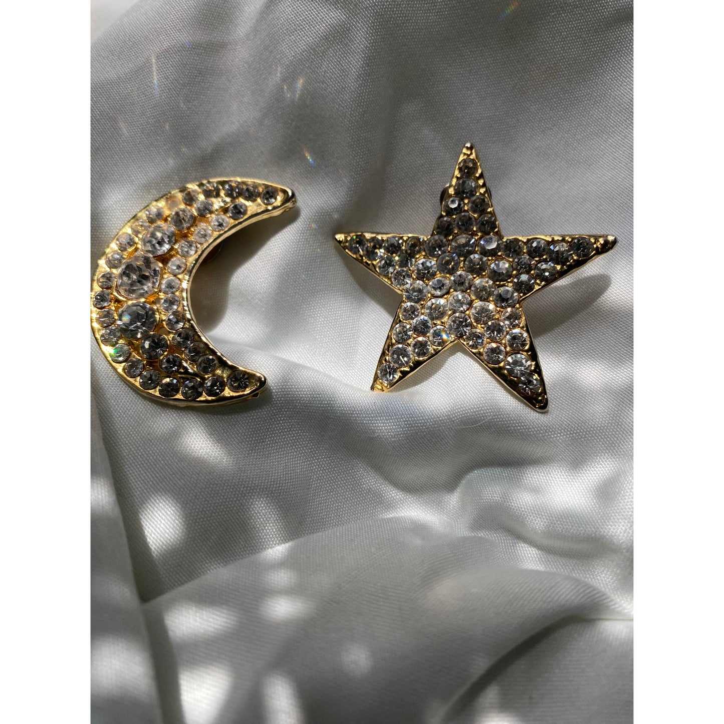 Vintage 1980s Rhinestone star and moon earring clip on