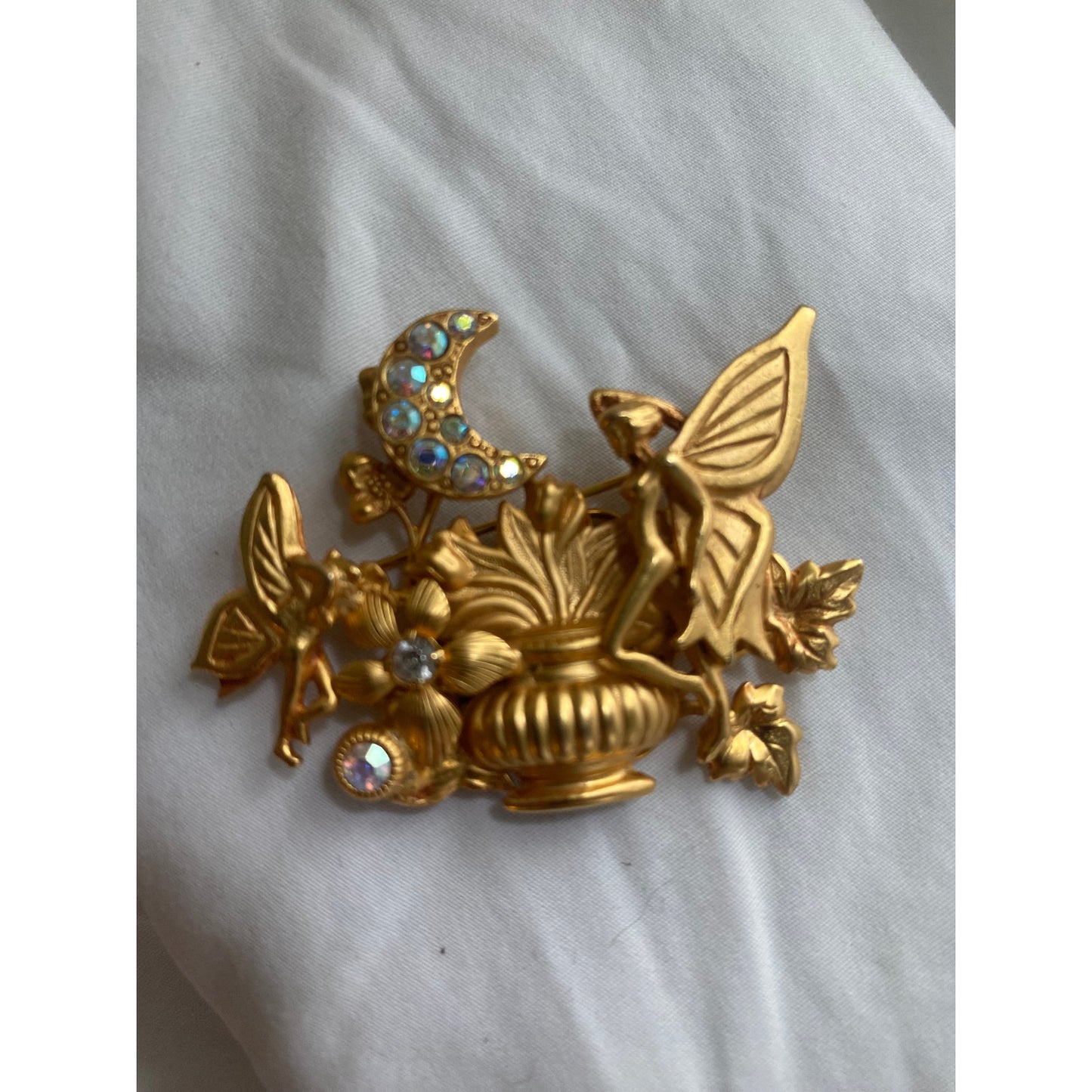 Vintage Kirks Folly Rhinestone Fairy Moon Brooch goldtone Celestial magic