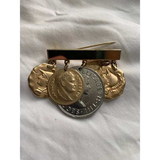 Coin Charm Brooch Gold tone bar with New Zealand 1964 Coin and Queen Elizabeth the second