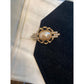 Gold tone faux milky white pearl filigree brooch Victorian design