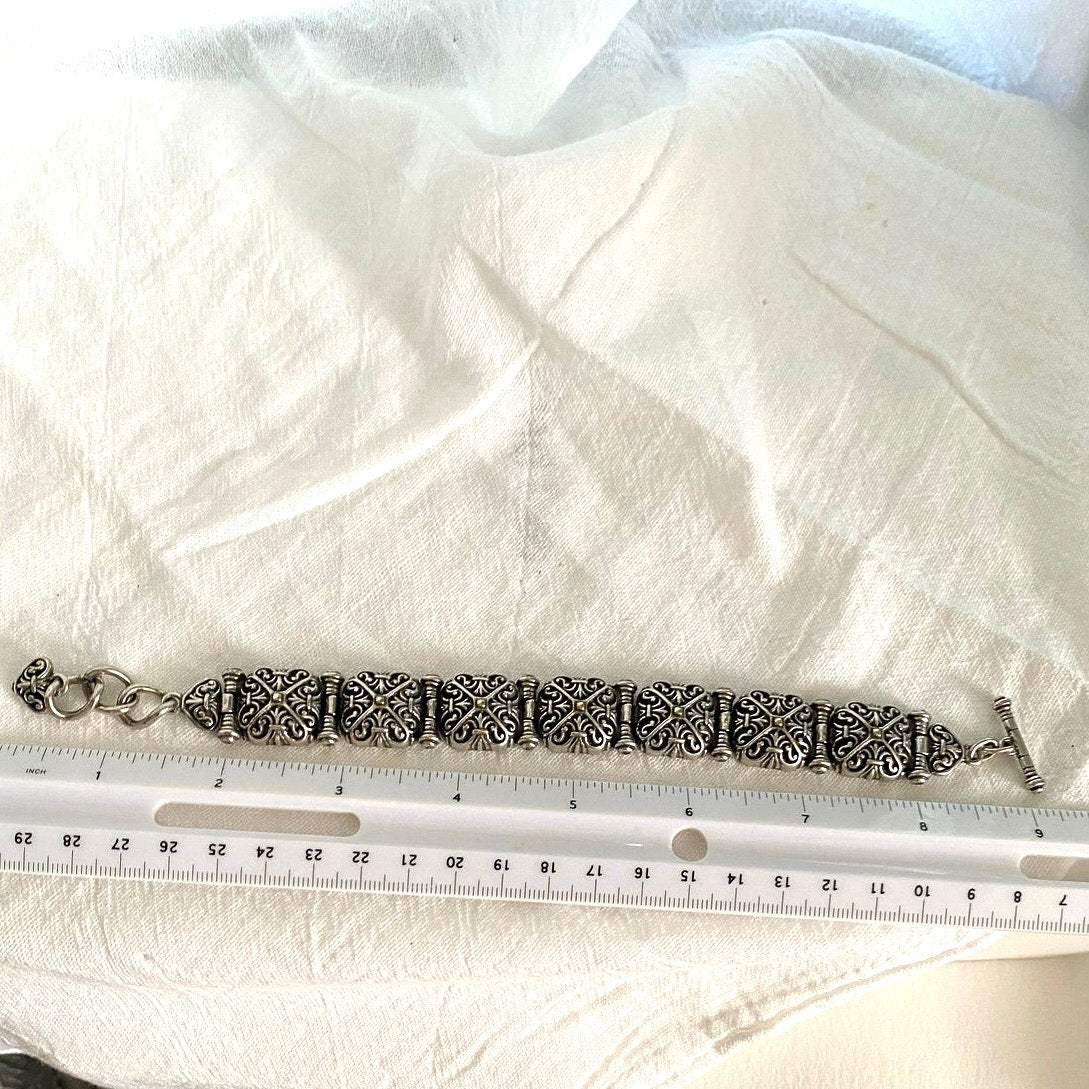 Vintage Bali Silver tone Orange link bracelet with toggle clasp and heart charm