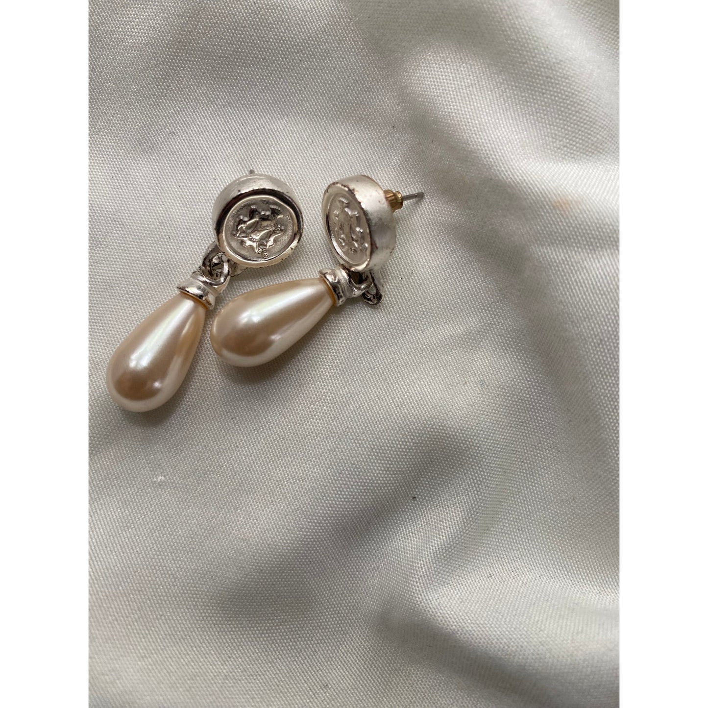 Vintage Faux Peral Teardrop Earrings Silver Crest Medallion Pierced Dangles