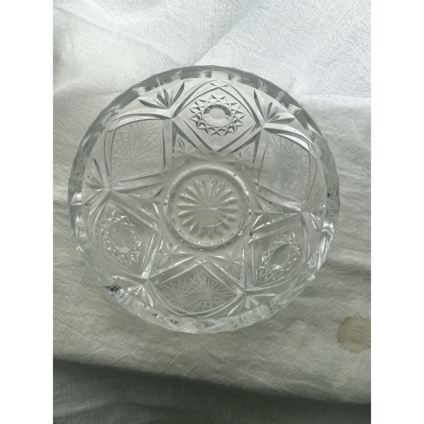 Vintage Lead Crystal Cut Glass Vanity Bowl Elegant Jewelry Dish StarburstPattern