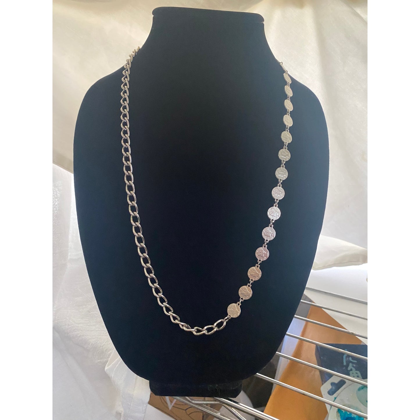 Vinatge Coin Medallion chain Necklace Silver tone curb link and embossed coin