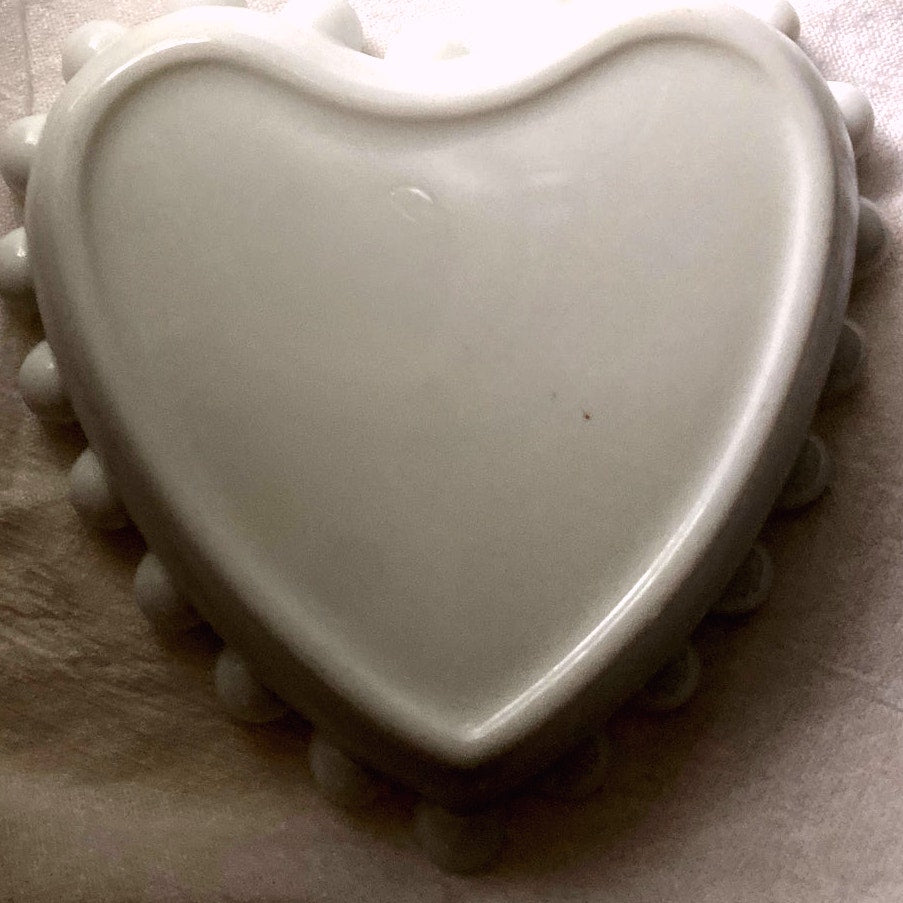 White Heart shaped Trinket Dish with Beaded Edge Ceramic ring holder Gift for person