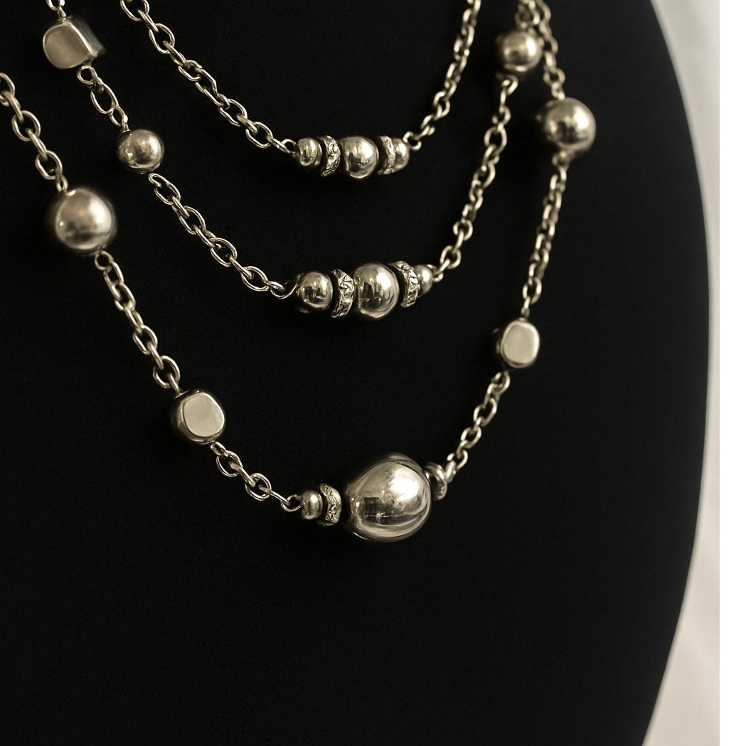 Vintage Layered Silverstone Beaded Necklace Multi strand Retro 80 elegant