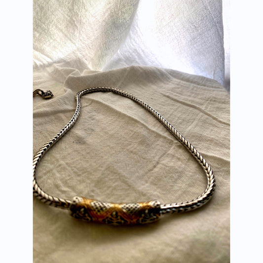 Vintage sterling silver and 18 karat gold accent, wheat chain necklace, or Nate Barr pendant, designer style, two tone, jewelry ￼