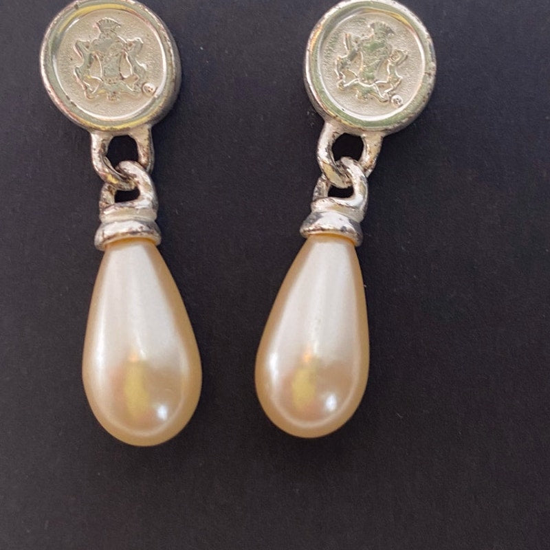 Vintage Faux Peral Teardrop Earrings Silver Crest Medallion Pierced Dangles