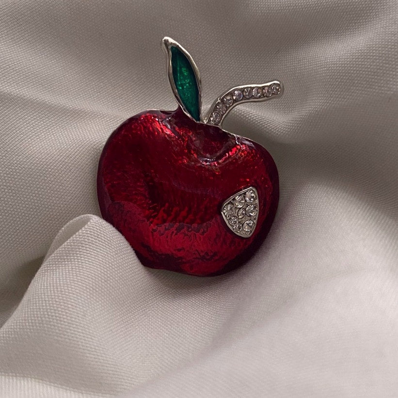 Vintage Red Enamel Apple Forbidden Fruit Rhinestone brooch pin teacher