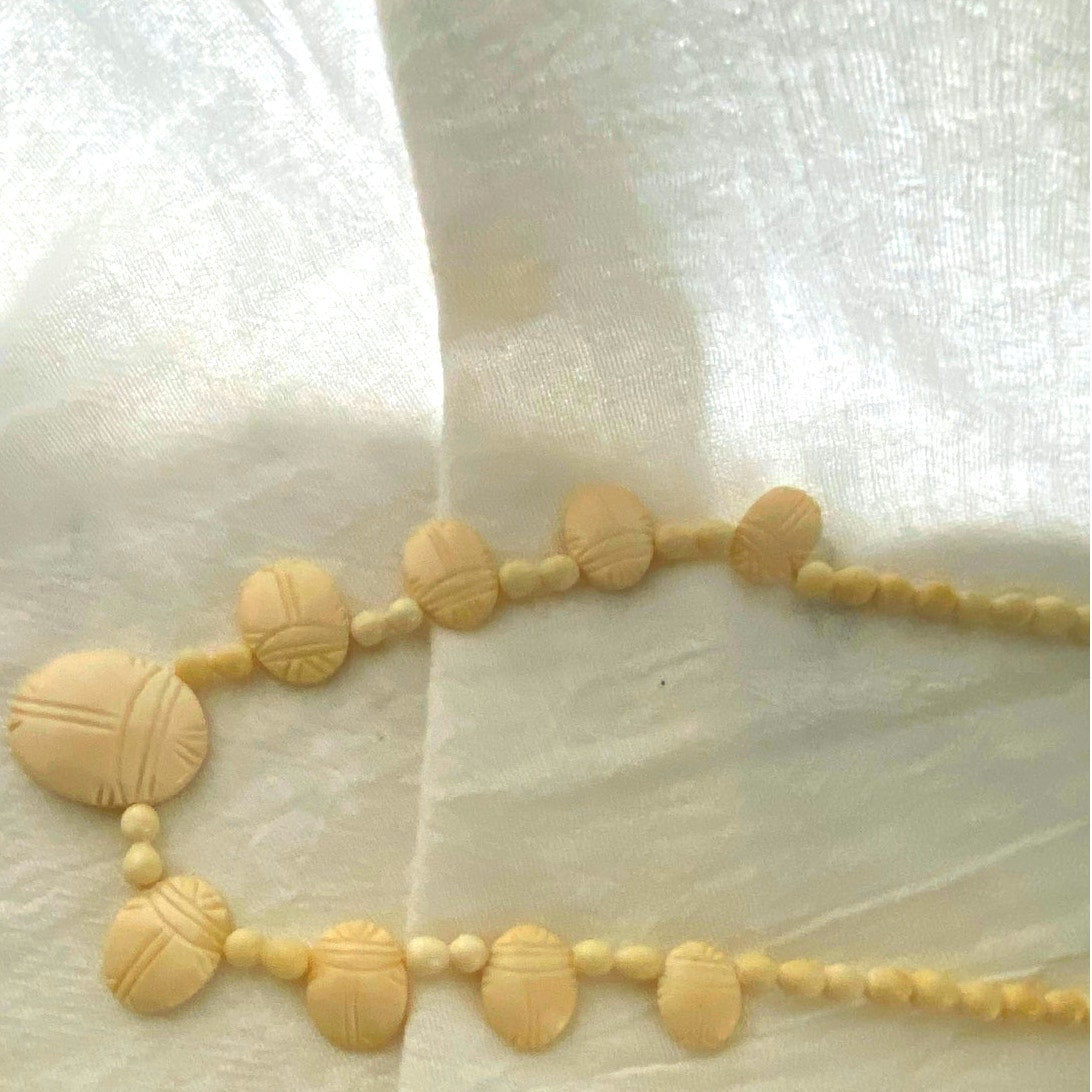 1920 Carved Scarab Necklace Egyptian Revival Cream Beads made from Lucite Rare