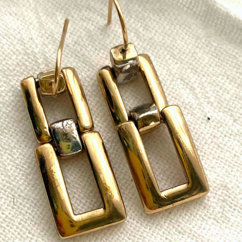 Modern geometric Gold Rectangle link earrings/Dainty dangle drop jewelry gift