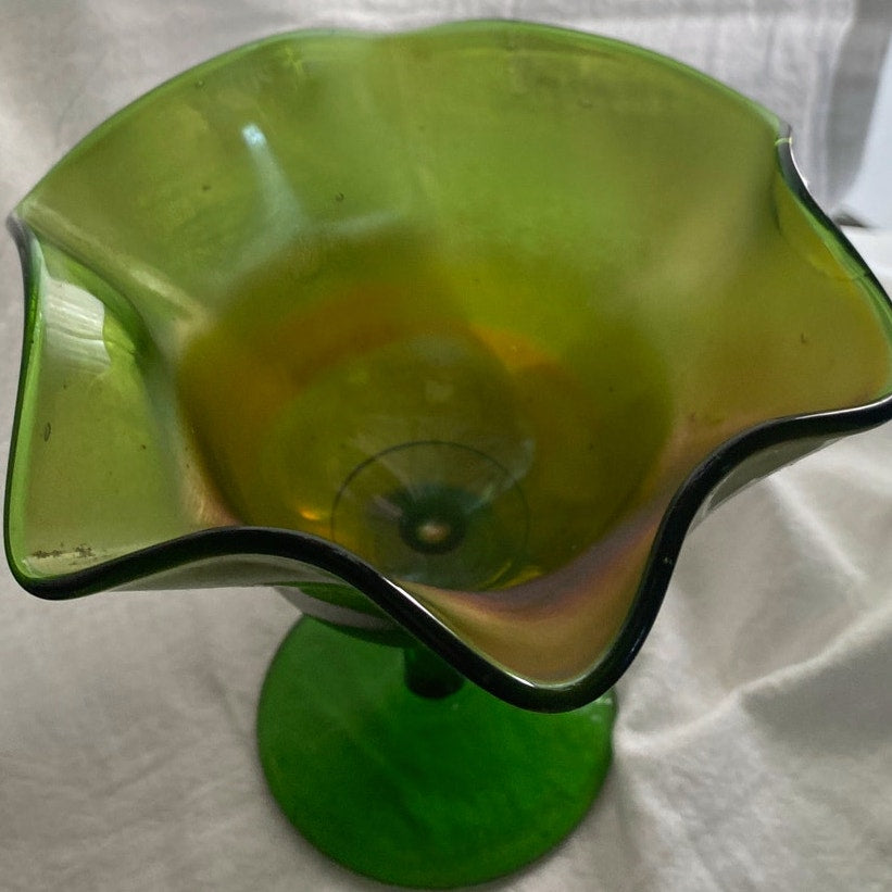 Vintage green glass Compote ruffled edges Pedestal bowl elegant art glass piece