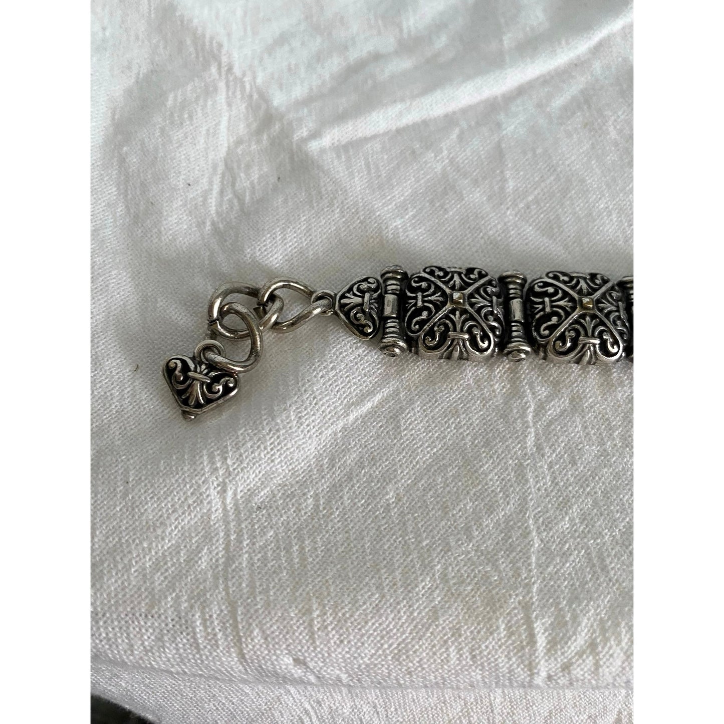 Vintage Bali Silver tone Orange link bracelet with toggle clasp and heart charm