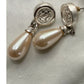 Vintage Faux Peral Teardrop Earrings Silver Crest Medallion Pierced Dangles