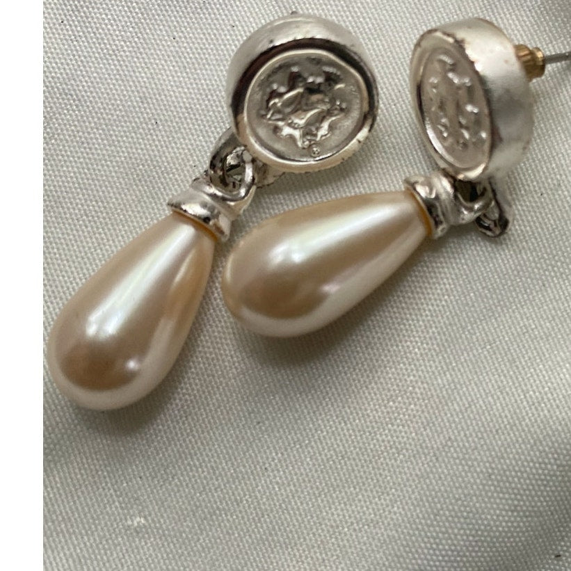 Vintage Faux Peral Teardrop Earrings Silver Crest Medallion Pierced Dangles