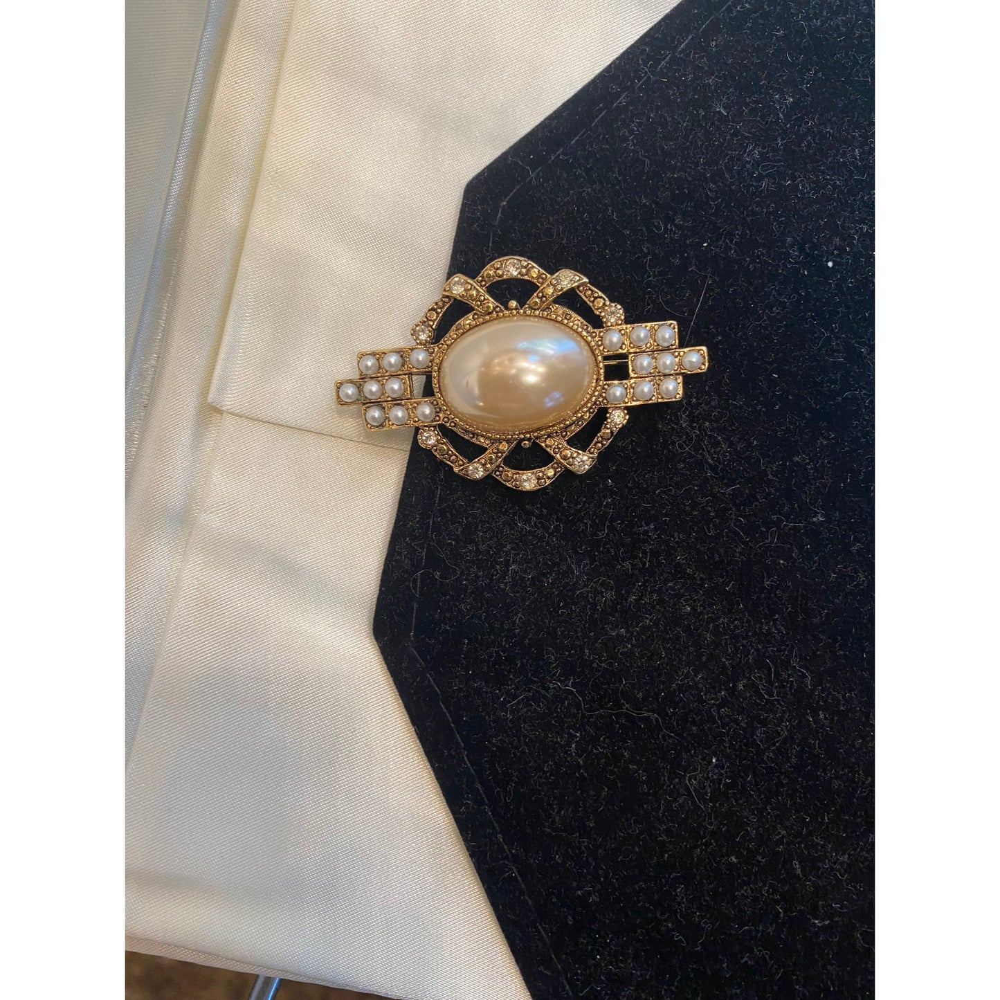 Gold tone faux milky white pearl filigree brooch Victorian design