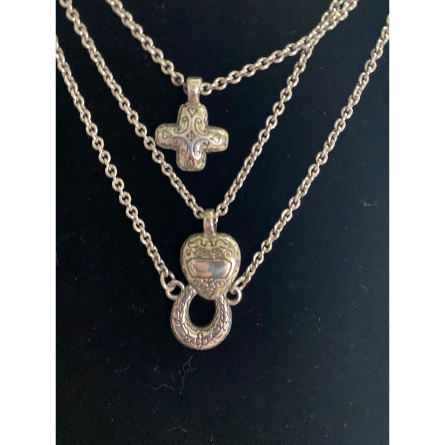 Brighton Silver 3 Strand Horsehoe Heart cross Necklace