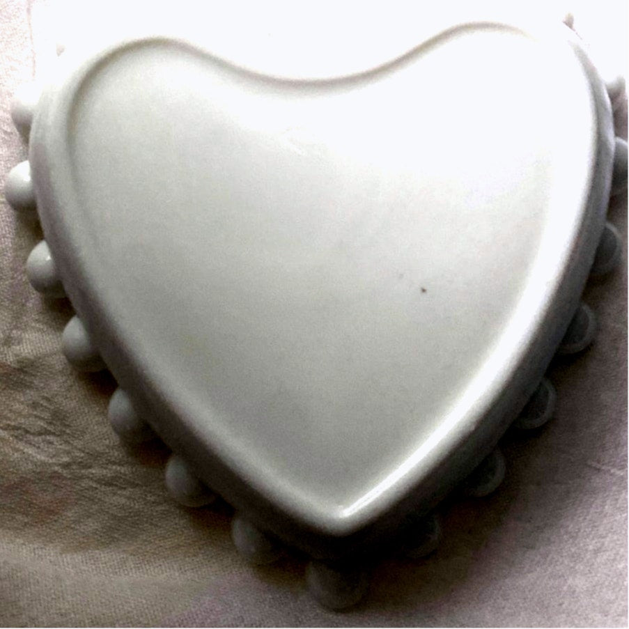 White Heart shaped Trinket Dish with Beaded Edge Ceramic ring holder Gift for person