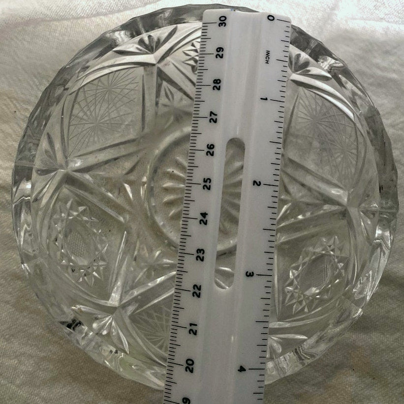 Vintage Lead Crystal Cut Glass Vanity Bowl Elegant Jewelry Dish StarburstPattern