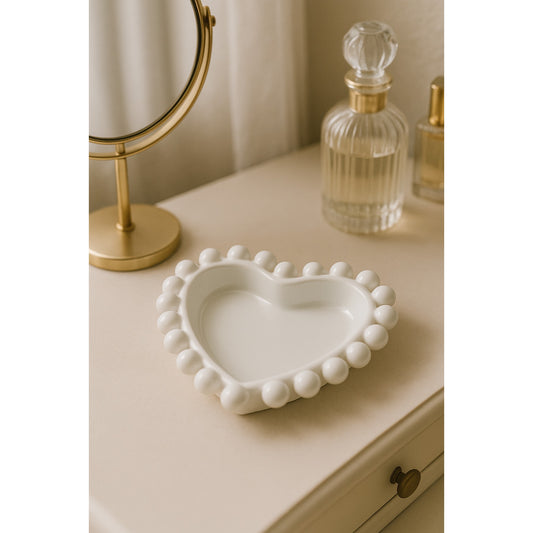 White Heart shaped Trinket Dish with Beaded Edge Ceramic ring holder Gift for person
