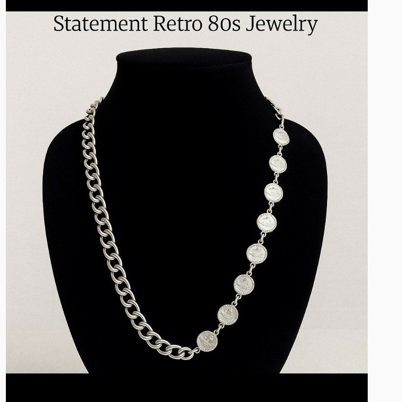 Vinatge Coin Medallion chain Necklace Silver tone curb link and embossed coin