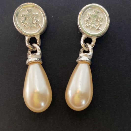 Vintage Faux Peral Teardrop Earrings Silver Crest Medallion Pierced Dangles