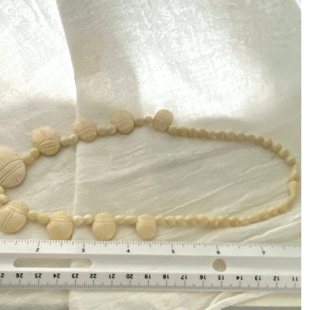 1920 Carved Scarab Necklace Egyptian Revival Cream Beads made from Lucite Rare
