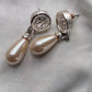 Vintage Faux Peral Teardrop Earrings Silver Crest Medallion Pierced Dangles