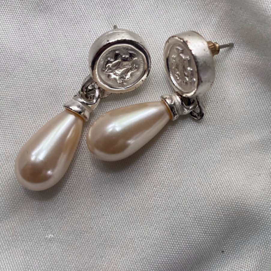 Vintage Faux Peral Teardrop Earrings Silver Crest Medallion Pierced Dangles