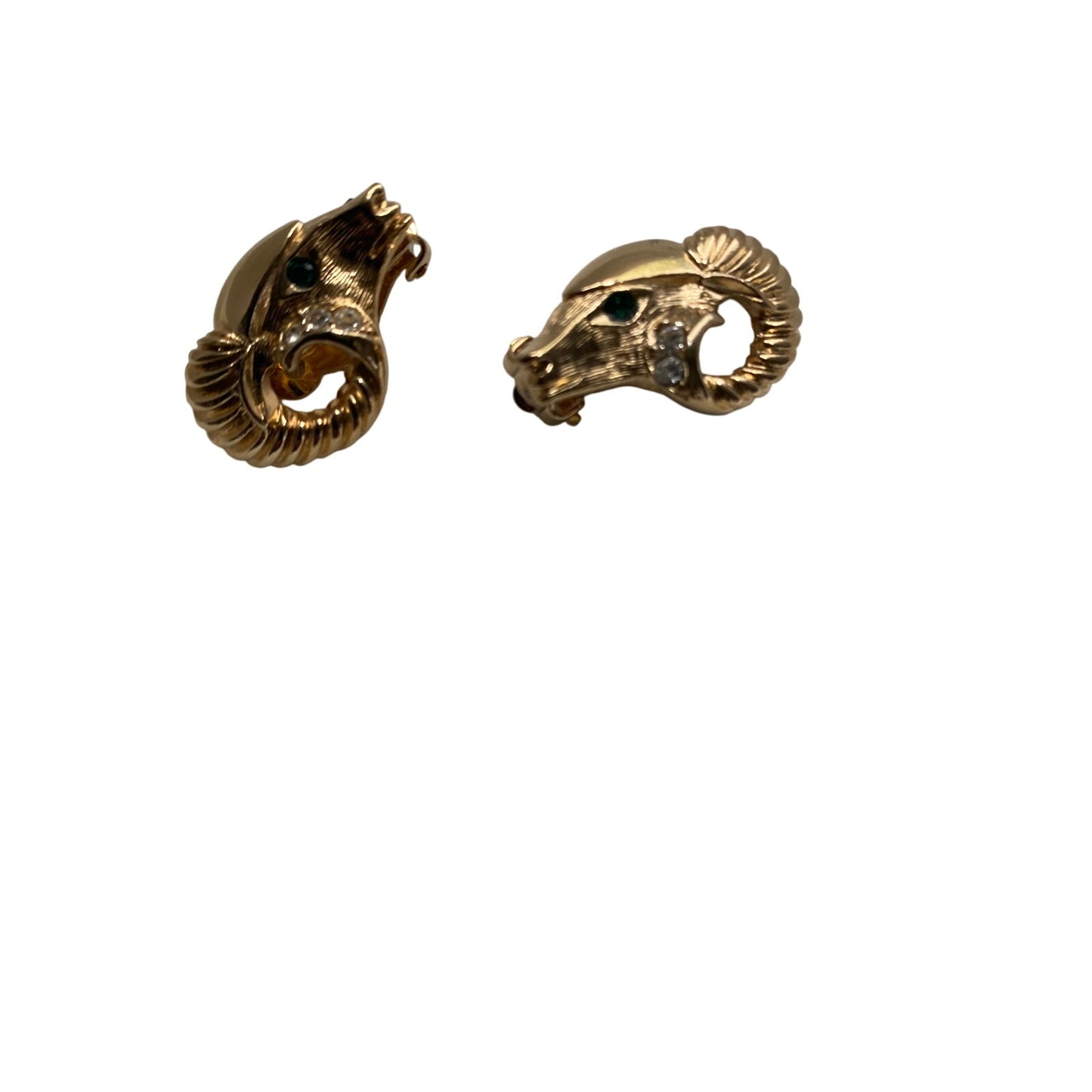 Vintage Kenneth jay Lane for Avon Ram's head in gold with green jeweled eye.