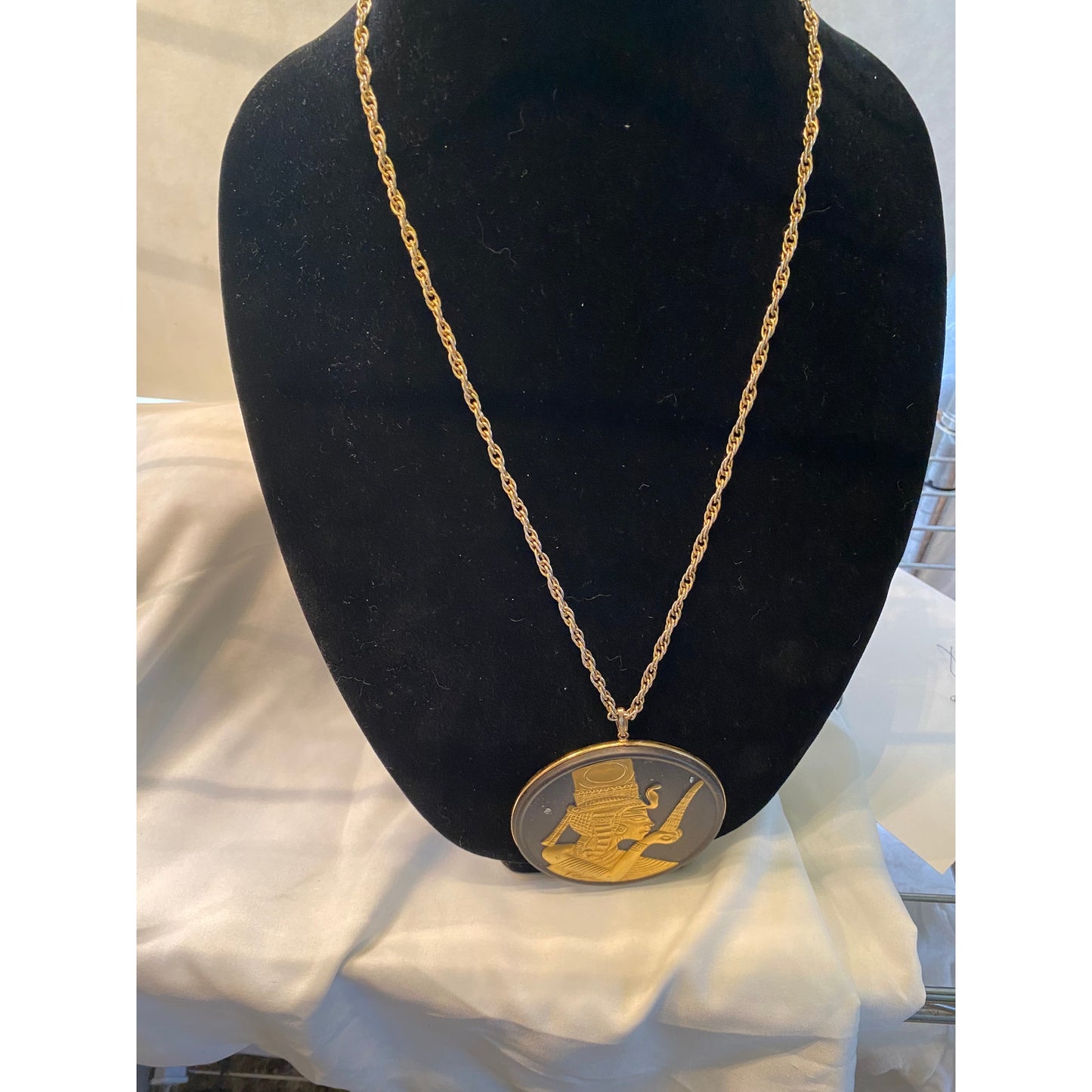 Large Vintage Egyptian Goddess Pendent Necklace-gold black medallion