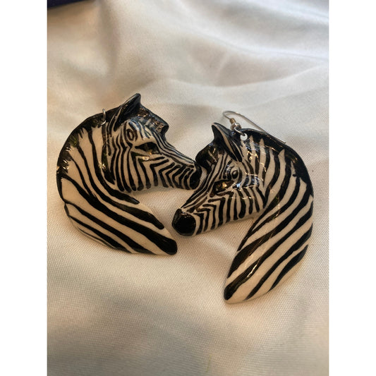 Zebra head earrings designer jewelry, artisanal dangling