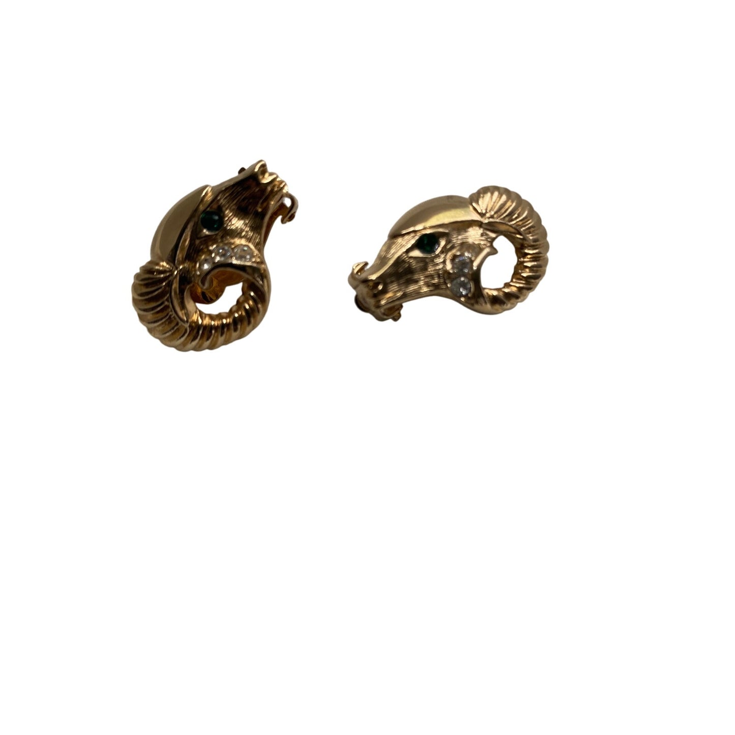 Vintage Kenneth jay Lane for Avon Ram's head in gold with green jeweled eye.