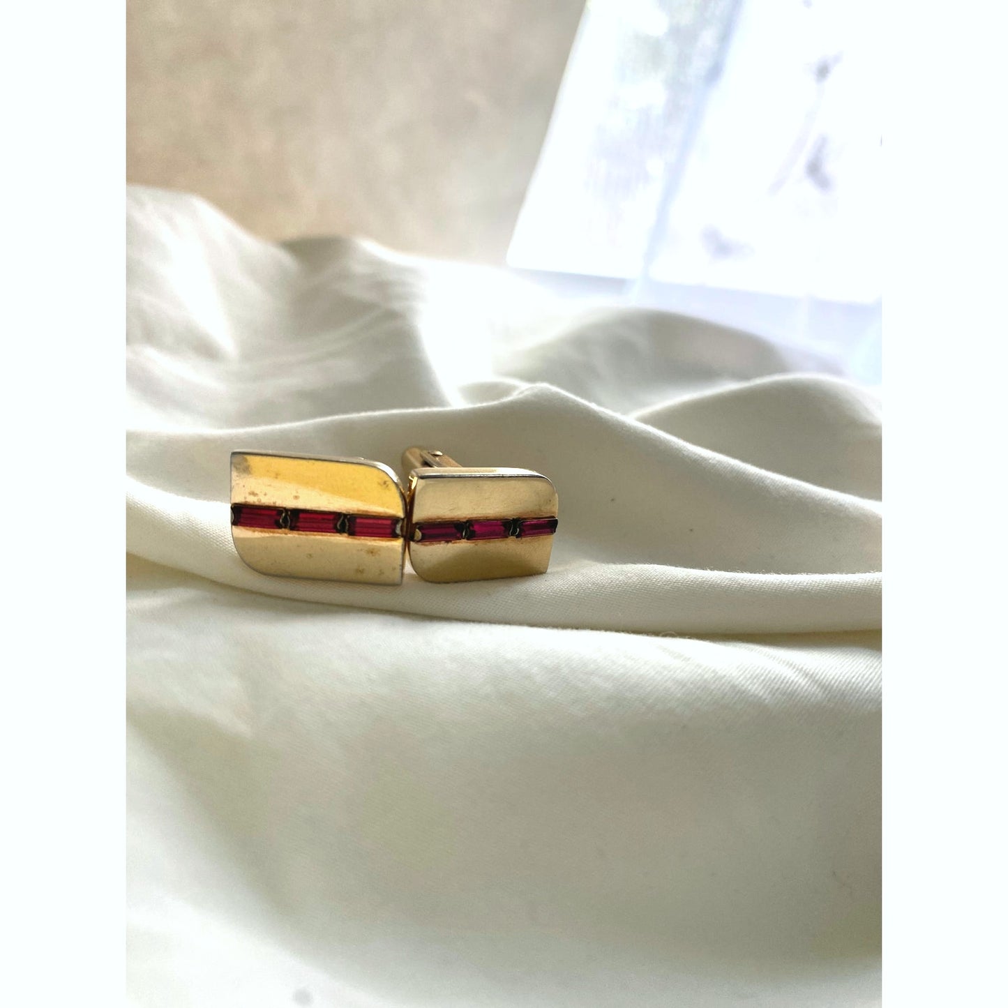 Vintage Yellow Gold-Plated Cuff links with red garnet inlay Classic mens Gift for him