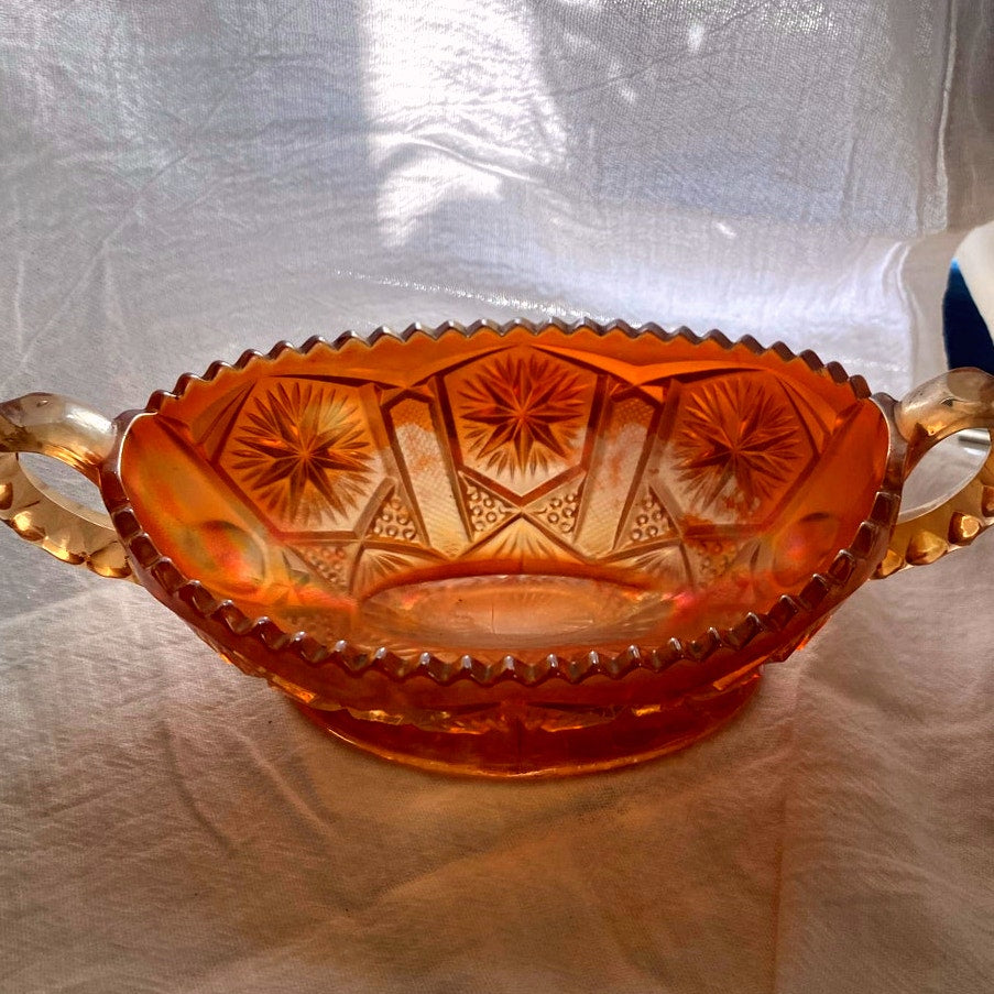 Aber Carnival Glass Candy dish Double handed footed bowl Starburst Pattern