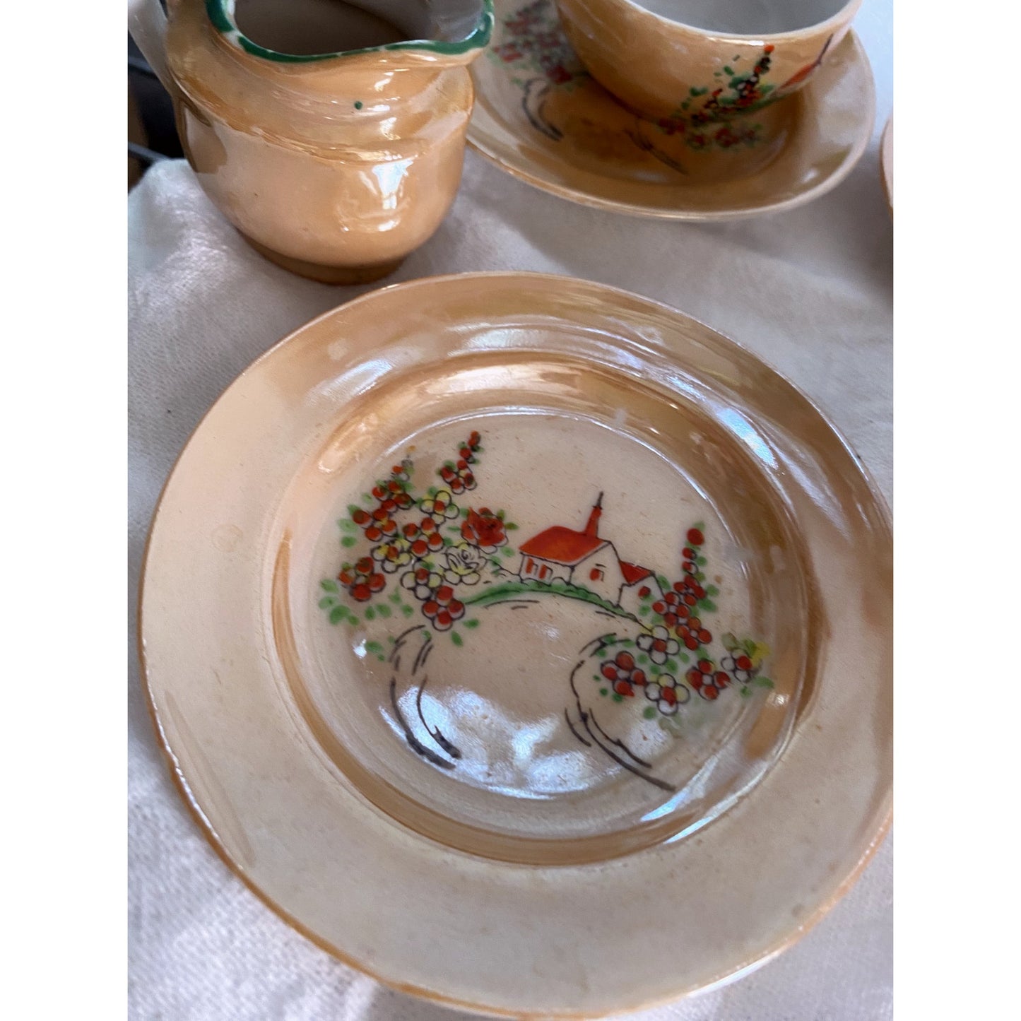 Vintage Japanese Lusterware Tea Set Iridescent Peach with church scene childrens