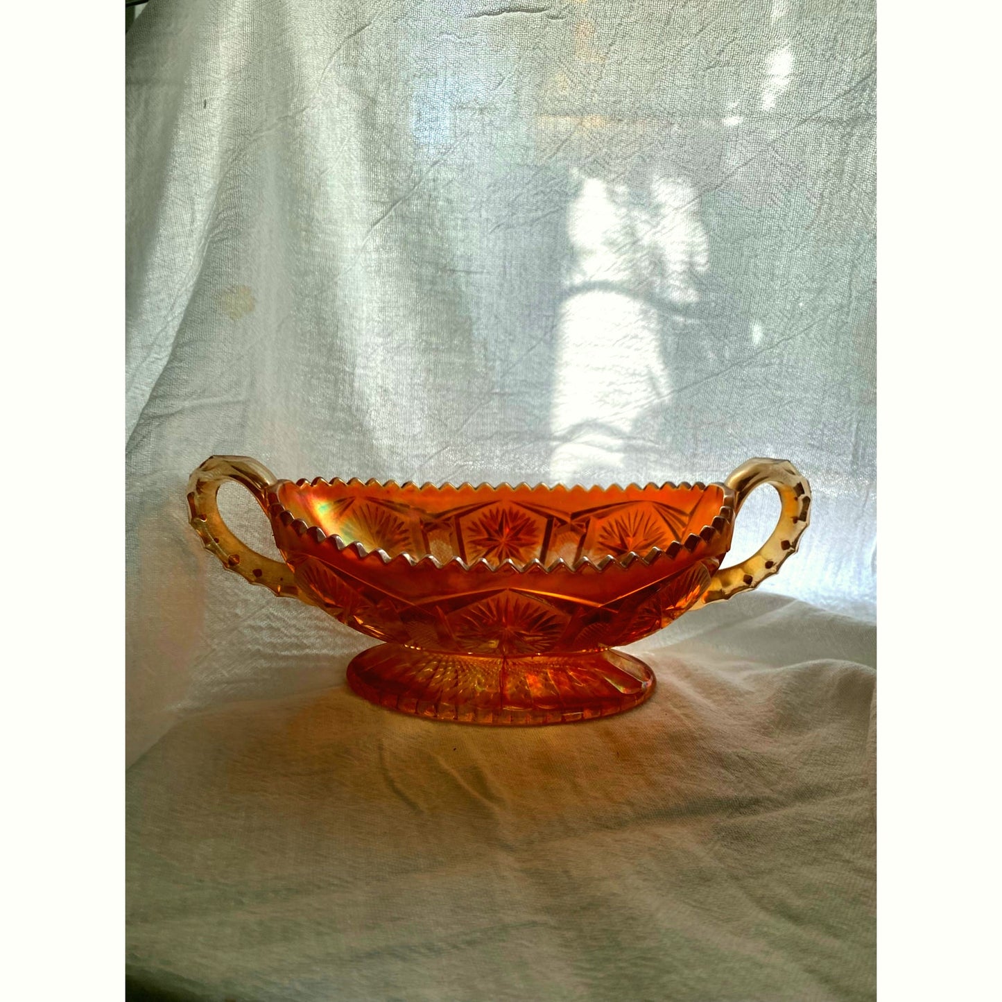 Aber Carnival Glass Candy dish Double handed footed bowl Starburst Pattern